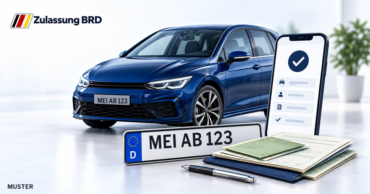 Online Fahrzeugzulassung in Meißen: Musterkennzeichen MEI AB 123, Auto und Fahrzeugpapiere und Smartphone. Illustration mit Logo von Zulassung BRD.